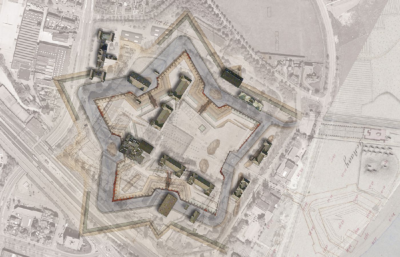 Cartografische visualisatie van meetdata en kadastrale gegevens in combinatie met historische kaarten.